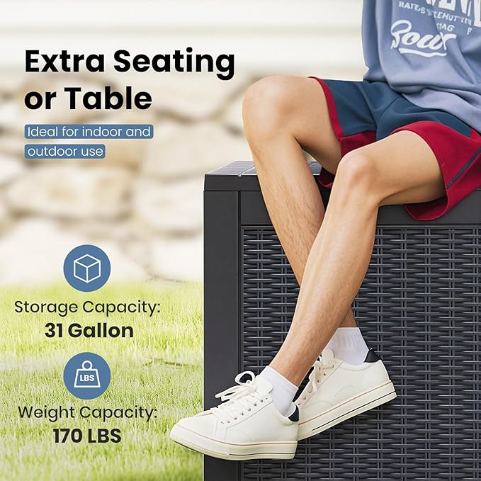 NEWBULIG 31 Gallon Outdoor Storage Box, Waterproof Deck Box with Lockable Lid, Patio Furniture Bench & Side Table, Easy Assembly, for Garden, Pool, Patio & Backyard Organization, Rattan Texture Black NEWBULIG