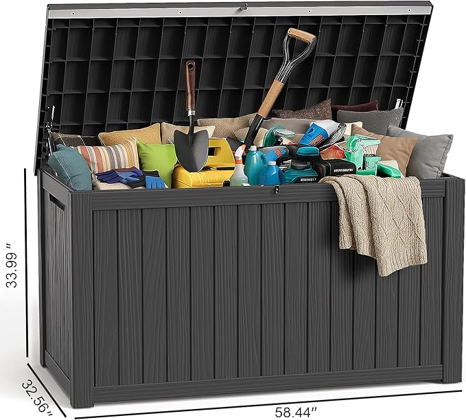 ROJIK Outdoor Storage Housing Deck Box,Waterproof Patio Furniture, Garden Tools,Cushions,Pool Accessories Storage Bench with Lockable Lid and Side Handles (Black,280 Gal) ROJIK
