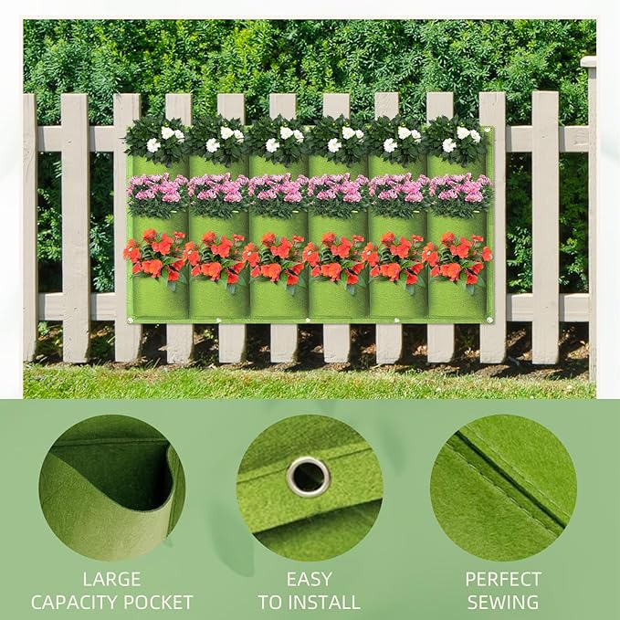 LITLANDSTAR 18 Pockets Hanging Grow Bags, 2 Pack Horizontal Wall Planter Plant Grow Bags Outdoor Indoor Hanging Planter for Balcony/Railing/Fence/Yard/Garden/Home Decoration, Green LITLANDSTAR