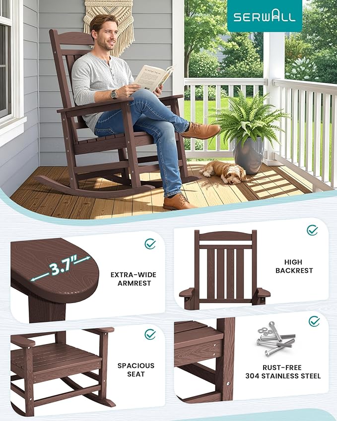 SERWALL Oversized Outdoor Rocking Chair, All-Weather Patio Rocking Chair, HDPE Porch Rocker for Adults, Coffee SERWALL
