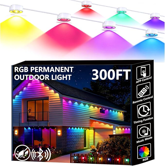 Permanent Outdoor Lights, 300ft Smart Eave Lights with RGB LED Light, IP67 Waterproof, App Control, DIY RGB Light for House Halloween Decorations Rootora
