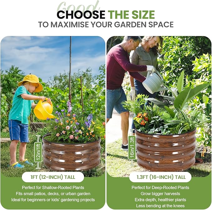 G GOOD GAIN Round Raised Garden Bed - 3Pcs 2x2x1ft Galvanized Steel Planter Boxes Outdoor with Rubber Edge Trim | Metal Raised Beds for Gardening Vegetables Flowers Fruits Herbs (Wood Grain) GGOODGAIN