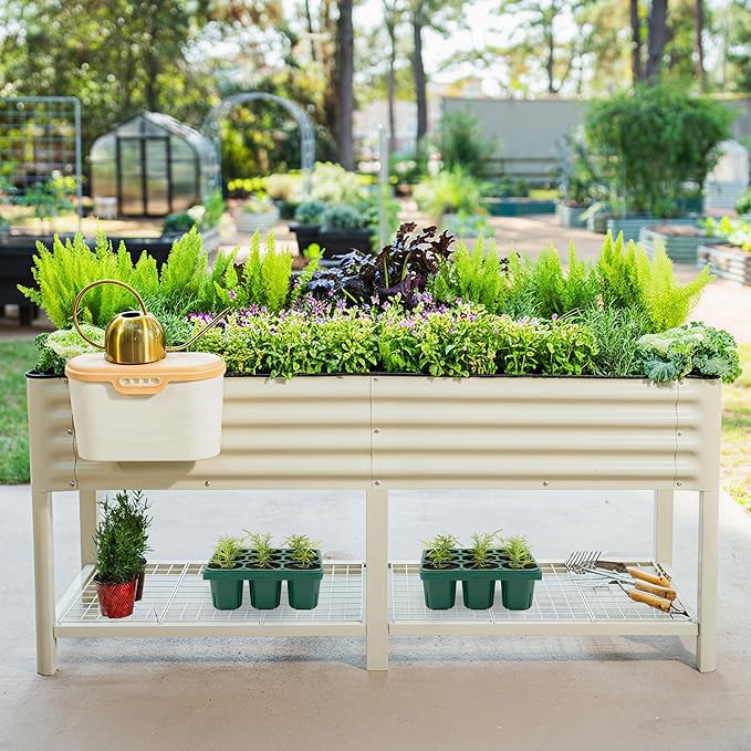 Elevated Raised Garden Bed-V Series, 2' x 6' Garden Beds with Legs & Storage Rack for Patio Porch, 1000 Lbs Weight Capacity, Outdoor Planter Boxes for Gardening Herbs Vegetables Flowers, Pearl White VegoGarden