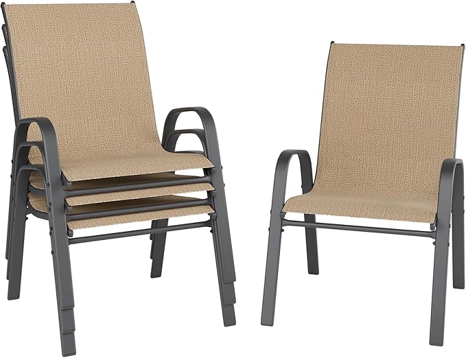 Patio Chairs Set of 4, Outdoor Dining Chairs Stackable for All Weather, Breathable Metal Modern Outside Furniture Chair for Pool Side, Garden, Backyard Deck, Brown furniture