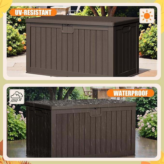 Devoko 240 Gallon Double-Wall Deck Box with Divider, Side Handles, Resin Outdoor Large Storage Box Waterproof and Lockable for Patio Furniture, Garden, Pool (Brown) DEVOKO