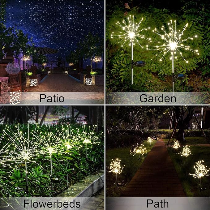 Christmas Outdoor Garden Decorative Lights, Solar Firework Lights 105 LED Powered 35 Copper Wires, DIY Flowers Fireworks Stars for Walkway Pathway Backyard Christmas Party Decor (Warm White 2 Pack) HELESIN