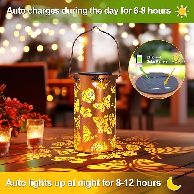 Butterfly Flower Birthday Gifts for Women, Solar Lanterns Outdoor Waterproof, Garden Decor Metal Hanging Decorative Solar Lights for Patio Yard Backyard Porch, Gardening Gifts for Women Mom Grandma DIBIEECN