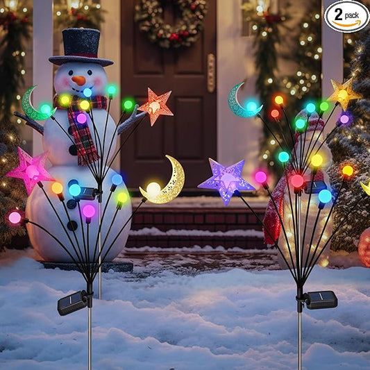 TAKE ME Solar Firefly Lights Outdoor Moon Star Sun Projection Stake Lights - Waterproof Solar Powered Garden Lights for Pathway, Yard, Patio Decor Color Changing TAKEME