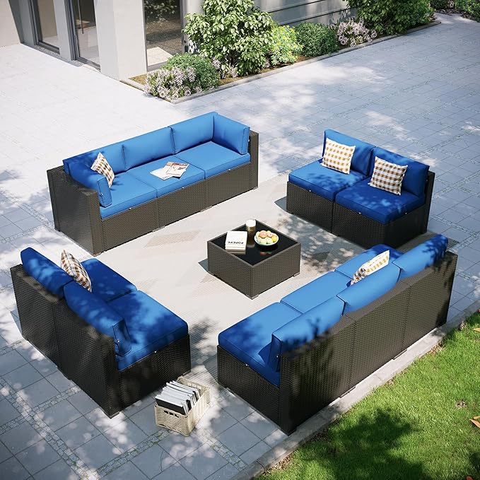 Aoxun Patio Furniture Set, 11 Piece Outdoor Sectional Sofas with Waterproof Cover, 10 Seats Wicker Rattan Outdoor Furniture Patio Conversation Set for Backyard, Garden Navy Blue Aoxun