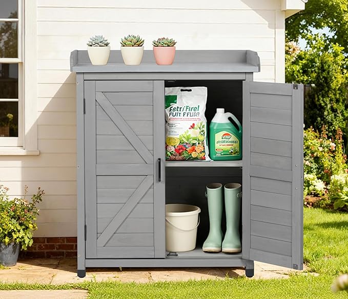 Outdoor Potting Bench with Storage Cabinet and Metal Top, Wood Workstation for Outdoor Patio, Garden (Classic Grey, 31.5x17x39‘’) Wood-Natrl
