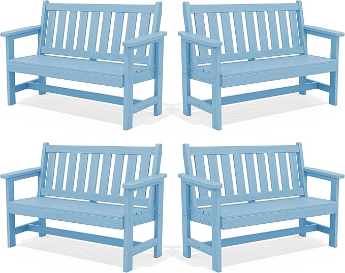 SERWALL Outdoor Bench, HDPE Outdoor Benches Weatherproof, 2-Person Garden Bench with 660 lbs Weight Capacity, Patio Benches for Outdoors, Garden, Porch, Backyard and Park, Light Blue, 4 Pack SERWALL