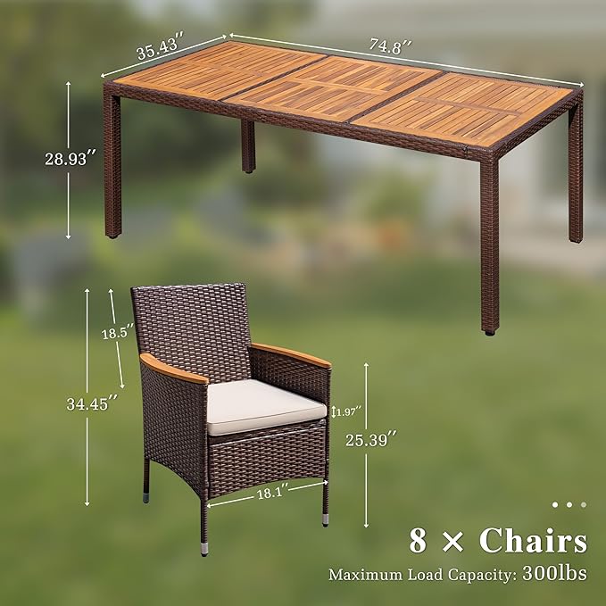 Devoko Outdoor Patio Dining Sets 9 Pieces Wicker Outdoor Dining Table and Chairs Set with Acacia Wood Table Top and Widened Armrests for Backyard, Garden, Deck (Brown) DEVOKO