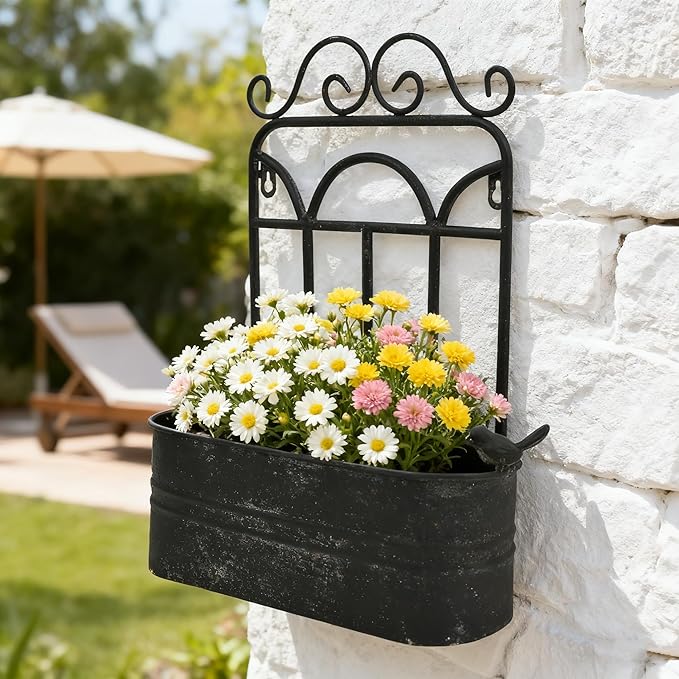 Rustic Metal Wall Planter Vintage Wall Mounted Flower Pot Distressed Wall Hanging Plant Basket Farmhouse Wall Decor for Indoor Outdoor Garden Home Yard (Black) Rootora