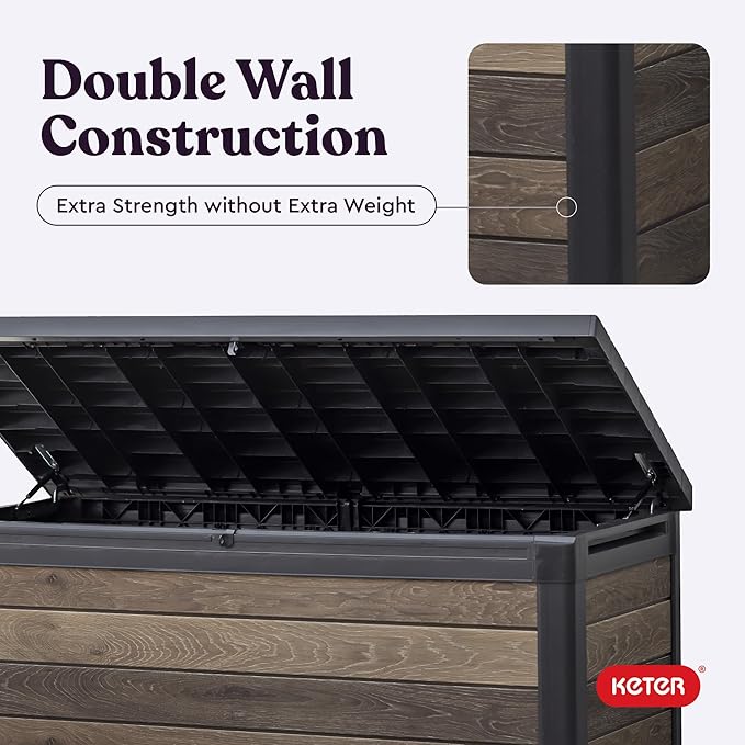 Keter Signature Collection 150 Gallon Resin Deck Box Organization and Storage Box for Patio Outdoor Cushions, Throw Pillows, Garden Tools and Pool Supplies, Walnut Keter