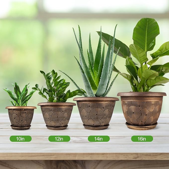 10 Inch Flower Pots Planters for Indoor Outdoor Plants, 3 Pack Plastic Large Plant Pots with Drainage Hole & Tray, Modern Decorative Garden Pot with Saucer, Plant Container for House Fodetyff