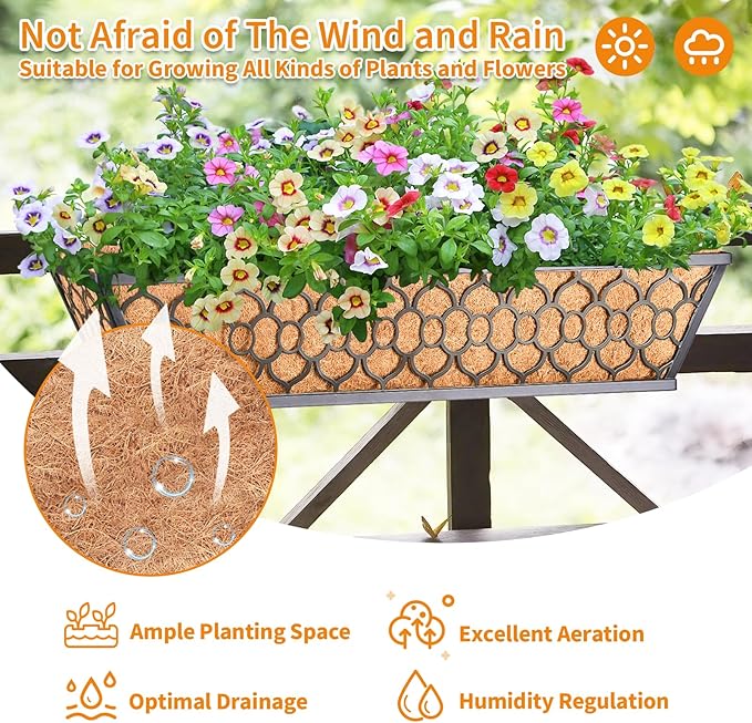 Riare 2 Pack 24 Inch Window Boxes Planters with Coco Liner, Metal Deck Railing Planter Boxes, Balcony Planters Railing Hanging, Horse Trough Window Flower Planter Boxes for Outdoor Porch Fence Patio Riare