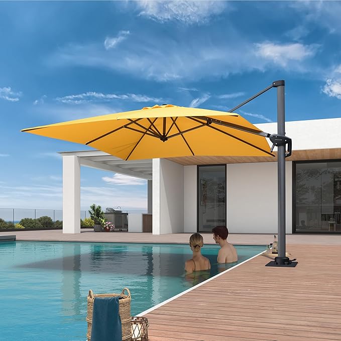PURPLE LEAF 8' X 8' Patio Umbrella with Steel Plate Base for Pool 7' High Offset Outdoor Cantilever Umbrella Swimming Pool Umbrella with 360°Rotation for Poolside Yellow PURPLELEAF