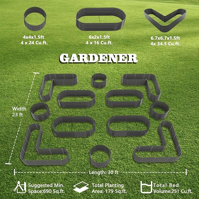 A ANLEOLIFE 12-Pack Galvanized Raised Garden Beds Outdoor, 18" Deep Modular Metal Planter Box Kit, Whole Backyard Farm Garden System with Oval Heart & Round Beds for Vegetable & Flowers, Quartz Grey AAnleolife