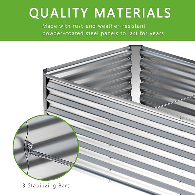 8x2x2FT Galvanized Raised Garden Bed,Planter Raised Beds-Metal Garden Box,Large Plant for Outdoor Planting, Vegetables Bed，Flower,herb-Silver Home