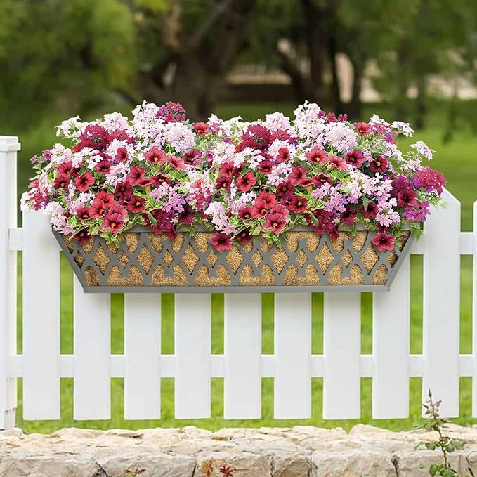 4 Pack 24 Inch Window Boxes Planters Railing Planter Box with Adjustable Brackets for Porch Fence Patio Balcony Hanging Flower Baskets with Coco Liners for Outdoor Garden Decor - Dark Grey KarlliuHOMEGARDEN