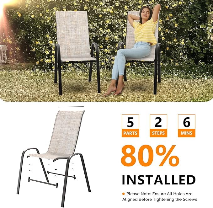 VINGLI Patio Chairs Set of 2 – Stackable Outdoor Dining Chairs with Comfortable Sling High Back Chairs and Armrests for Lawn, Poolside, Courtyard, Balcony, Garden, Yellow VINGLI