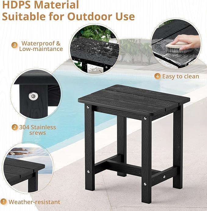 LUE BONA Outdoor Side Table, HDPS Small Outdoor Adirondack Side Tables, Outside End Table for Patio, Porch, Deck, Pool, Weather Resistant/Easy Maintenance, Black LUEBONA