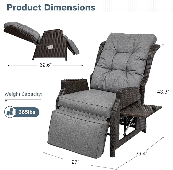Outdoor Indoor Wicker Recliner with Adjustable Back and Footrest, Patio Reclining Chair with Flip-up Table, Outdoor Rattan Lounge Chair, Grey 2PCS COMLAXFIELD