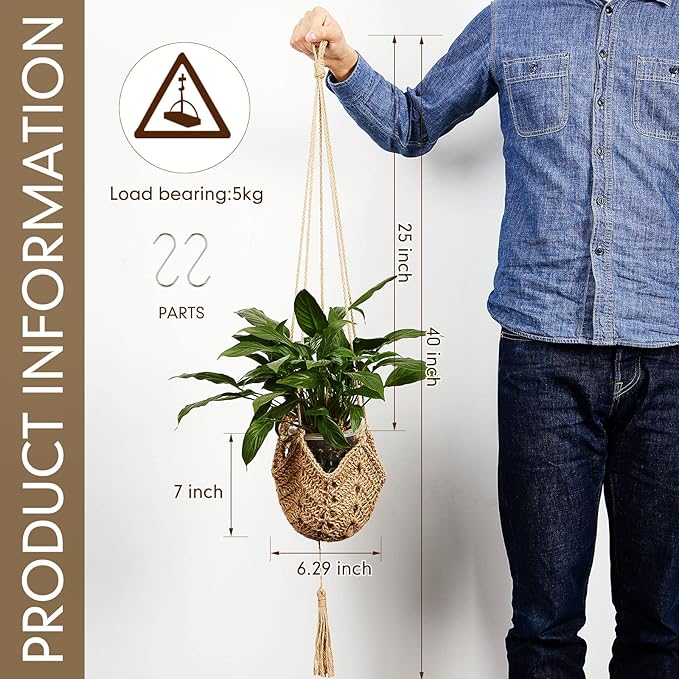 Shappy 1 Pack Jute Crochet Long Plant Hanger for 3 Inch to 12 Inch Pots, Macrame Plant Holder Rope with S Shaped Hooks for Halloween Home Decor (Brown) Shappy