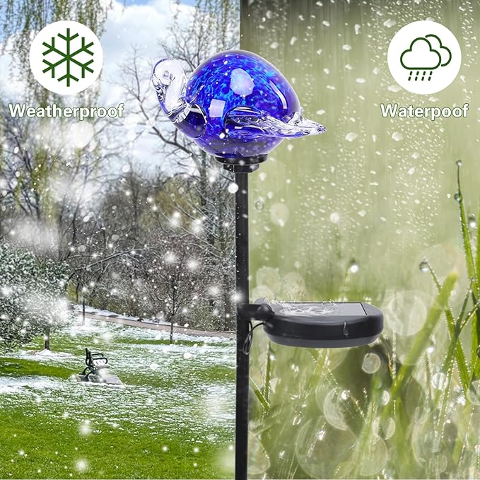 Afirst Decorative Solar Lights Outdoor Solar Turtle Stake Lights Hand Blown Glass Decorative Garden Pathway Light Outdoor Waterproof Glass Stakes Blue Afirst