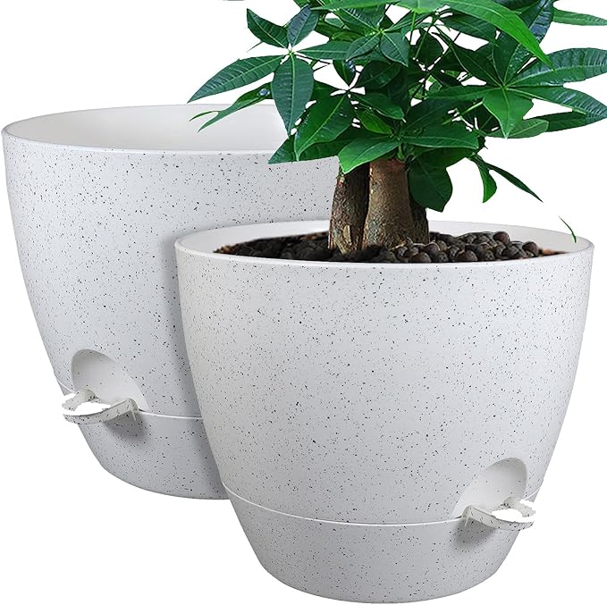 12inch 2Pack Large Self Watering Planters, Plastic Plant Pots with 60oZ Removable Deep Reservoir and Multi Mesh Drainage Holes for Indoor Outdoor Garden Plants and Flowers, White Speckles UOUZ
