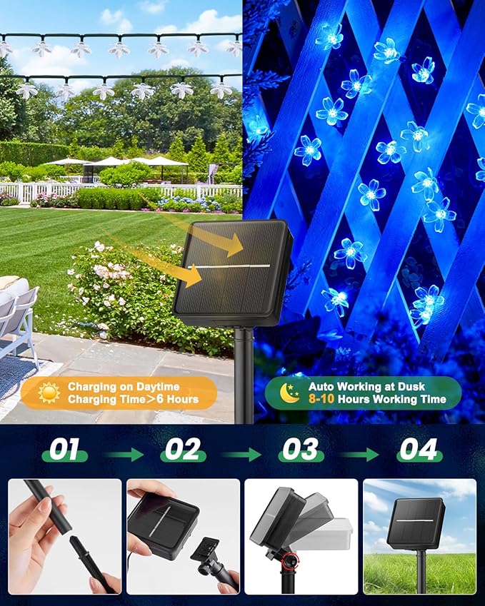 Brightown 60 LED Solar Flower String Lights for Outside Waterproof Fairy Lights for Garden Yard Fence Patio Christmas Tree Wedding Party Decor, Blue Brightown