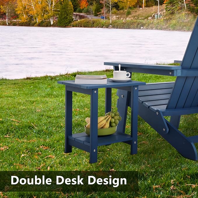 Double Adirondack Outdoor Side Table Weather Resistant, Outdoor Rectangular Patio End Table for Adirondack Chair, Dark Blue Meluvici