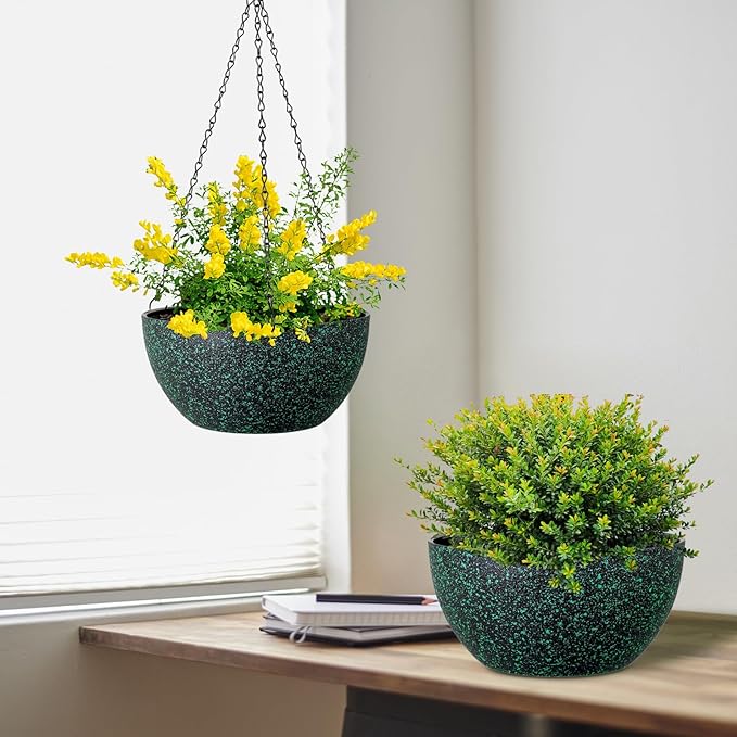 8 inch Small Hanging Planters for Indoor Outdoor Plants, 2 Pack Hanging Flower Pots with Drainage Holes and Chain, Plastic Hanging Baskets for House Plants, Black with Green Speckles Meowell