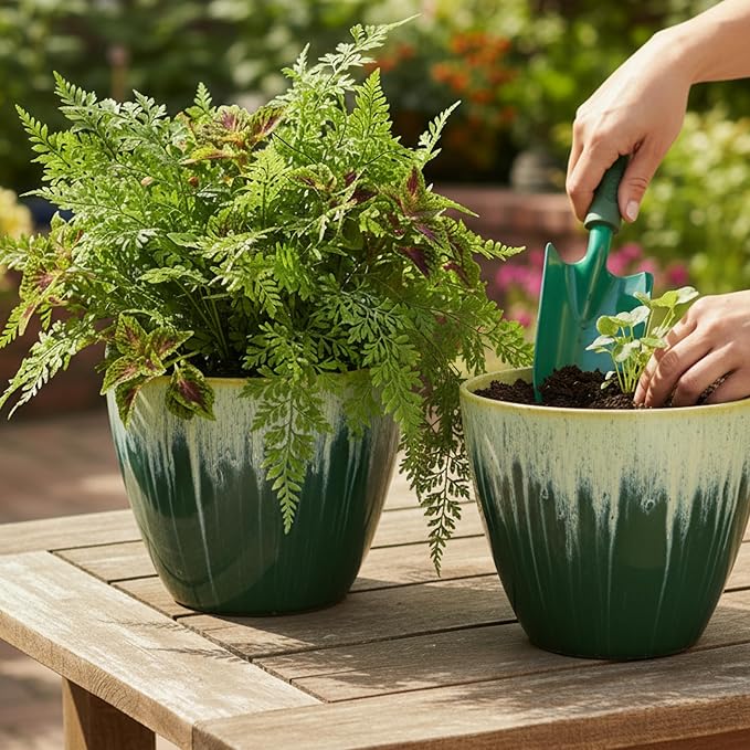 Pack of 2 Flower Pots, Plastic Plant Pots with Drainage Holes, 8 inch Modern Glossy Finishing Planter for Indoor Outdoor Plants (Green Glaze, 2 Pack) LesOasis