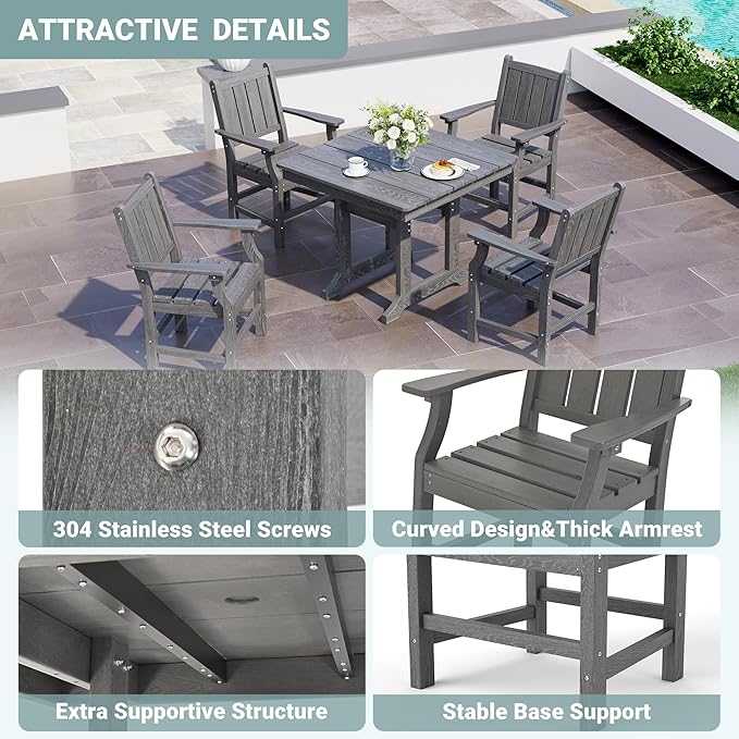 Pamapic 5 PCS Outdoor Dining Set, Spacious HDPE Outdoor Table and Chairs, Wood Grain Patio Furniture Sets with Elegant Armrest, All-Weather Patio Dining Table with Umbrella Hole, Gray Pamapic