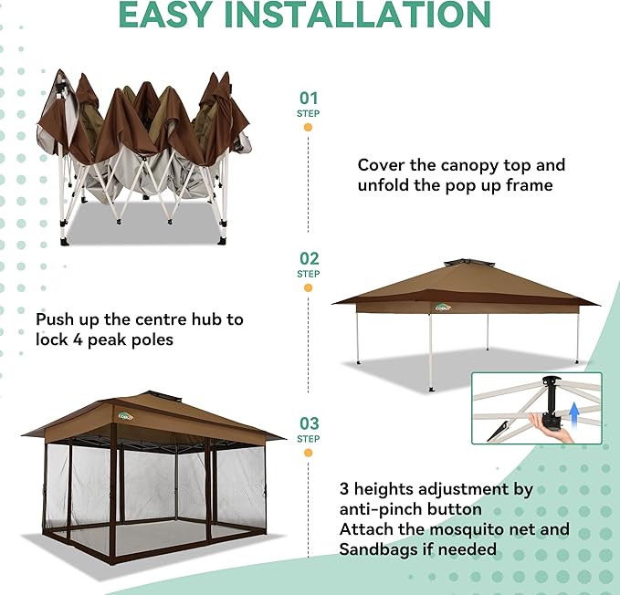 COBIZI 13x13 FT Pop up Gazebo on Clearance - Outdoor pop up Canopy Tent,carpas para Patio, Shelter - Screen Tents with Portable Carry Bag, Patio Gazebos for Camping,Garden,Deck,Backyard,Brown COBIZI