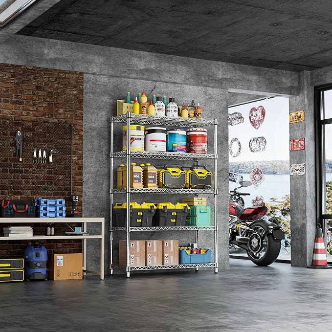 IZEUK 1750LBS Garage Shelving Wide Storage Shelves 5 Tier Metal Shelves Heavy Duty Adjustable Utility Shelf Rack (Chrome, 5 Tier, 15.7" D x 45.3" W x 70.9" H) IZEUK