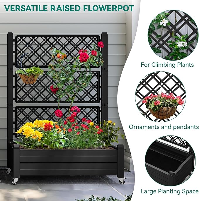 YITAHOME 43.3x17.7x61 in Planter Trellis Box with Wheels & Drain Plug, Outdoor Resin Raised Garden Bed for Climbing Plants, Large Weather-Resistant Design, Black YITAHOME