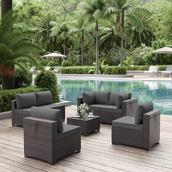 ALAULM Patio Furniture Set with Coffee Table, 7 Pieces Outdoor Sectional with Wide Seat and Thick Cushion, All Weather Wicker Rattan Conversation Set for Backyard, Garden, Deck, Grey ALAULM