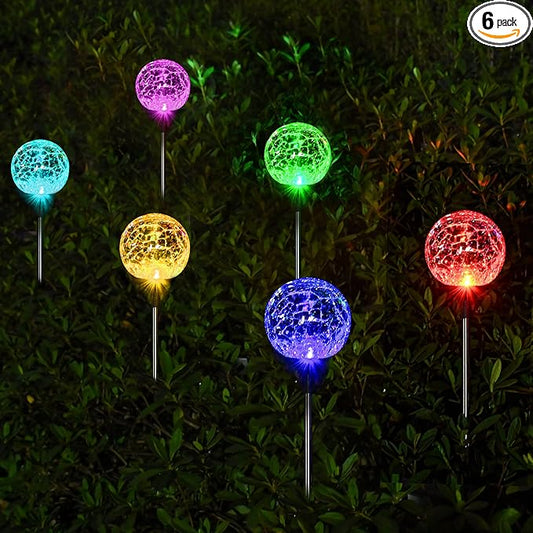 SOLPEX Solar Garden Lights 6 Pack, Solar Lights Outdoor Decorative, Solar Globe Lights Outdoor Waterproof for Yard and Garden, Multi-Color Changing Cracked Glass Ball LED Lights Solpex