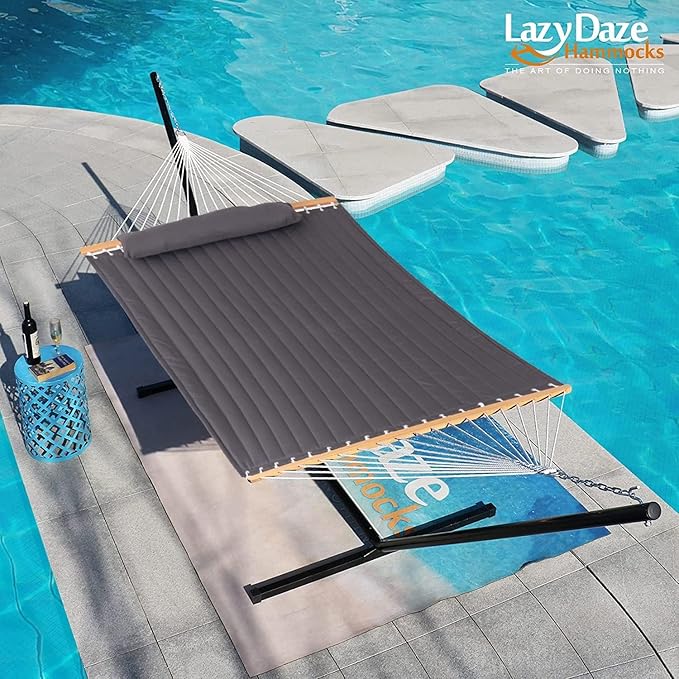 Lazy Daze Hammocks 12 FT Double Quilted Fabric Hammock with Spreader Bar and Detachable Pillow, 2 Person Double for Outside Patio Poolside Backyard Beach, 450lbs Capacity, Gray LazyDazeHammocks