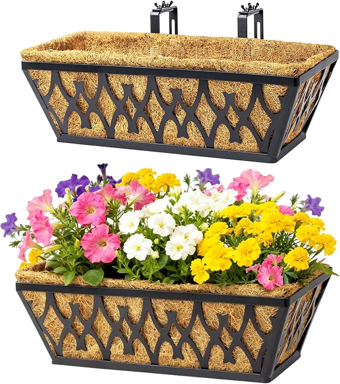2 Pack 16 Inch Window Boxes Planters Railing Planter Box with Adjustable Brackets for Porch Fence Patio Balcony Hanging Flower Baskets with Coco Liners for Outdoor Garden Decor - Black KarlliuHOMEGARDEN