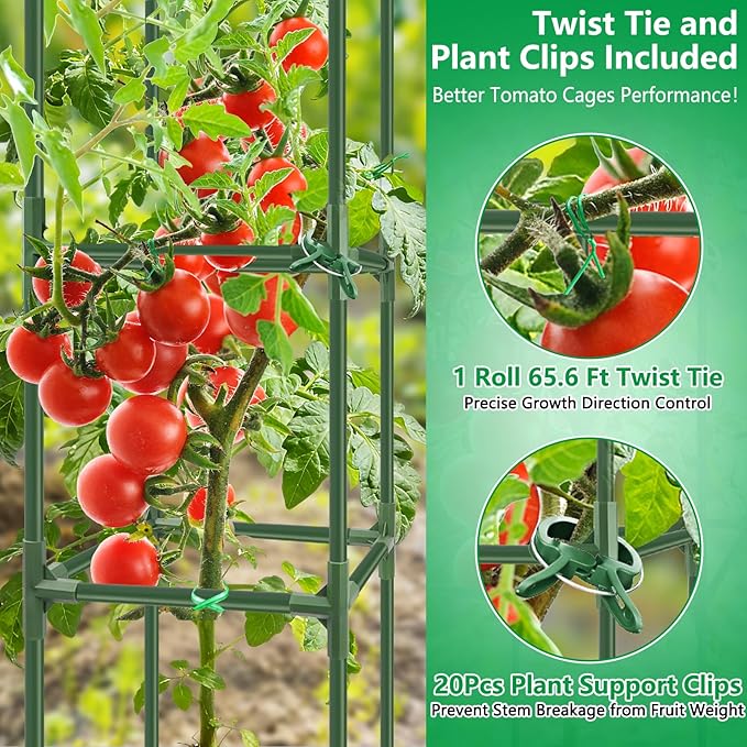 6 Pack Square Tomato Cages, 49.2" Large Upgraded Heavy Duty Steel Tomato Trellis Stakes, Garden Plant Support Cages Kit for Raised Garden Bed, Cucumber Trellis Vegetables and Climbing Plants Rootora