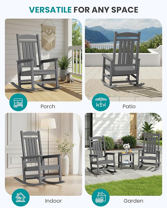 SERWALL Outdoor Rocking Chair Set of 2, HDPE Patio Rocking Chair, All-Weather Porch Rocker for Balcony, Yard, Dark Gray SERWALL