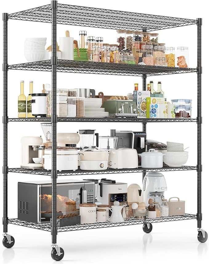 Xcity Storage Shelves, 5 Tier Heavy Duty Metal Shelving Unit with Wheels, 3000 LBS Capacity Adjustable Steel Wire Shelf Organizer for Pantry, Kitchen, Garage, 24" D x 55" W x 72" H, Black Rootora