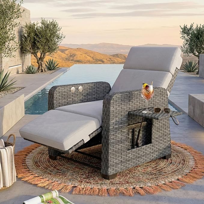 WACASA Outdoor Recliner Chair with Independent Dual-Control – 150° Lay-Flat Wicker Patio Armchair with Air Pump, Flip-Up Side Table, Extended Footrest & 5" Thick Fade-Resistant Olefin Cushions WACASA