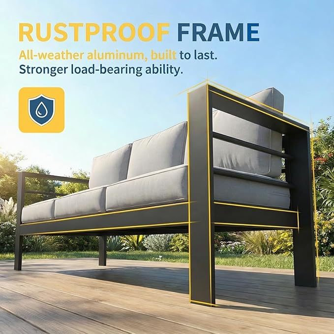 Solaste Aluminum Patio Furniture Set for All Weather, Oversized Metal Outdoor Furniture Set with 27.5" Deep Seating and 3.2" Wide Armrest, Patio Conversation Set with 10’’ Back Cushion, Black and Grey Solaste