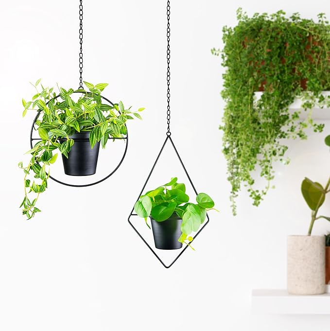 Metal Hanging Planters, Modern Plant Hanger with 5 inch Flower Pot, Set of 2 Black Plant Holder in Diamond and Round Shape, Small Wall and Ceiling Planter for Indoor Plants, Home Décor HemePaha