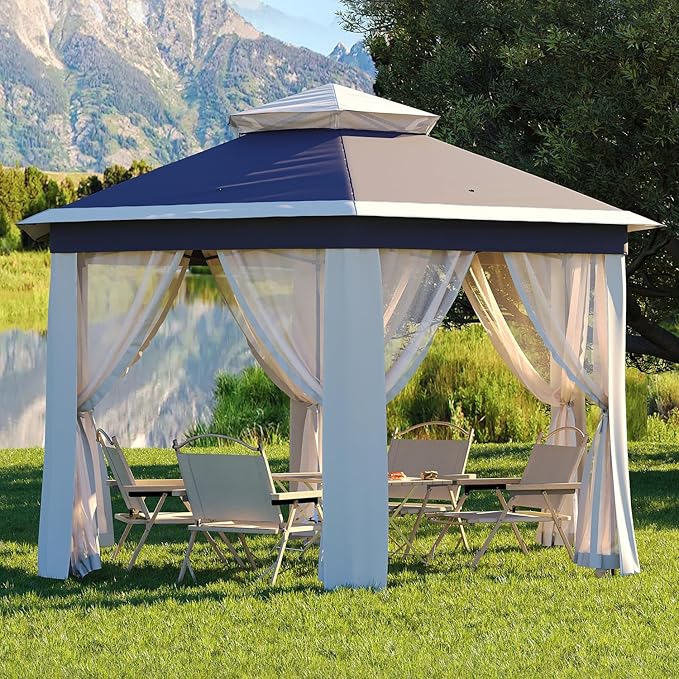 Garvee Pop Up Gazebo Screen Tent,Hexagonal Instant Gazebo Tent with Mosquito Netting Outdoor Canopy,6 Sided Sun Shelter 13x13ft with Mesh Netting,Pavilion Tents for Patio,Blue+Beige Garvee