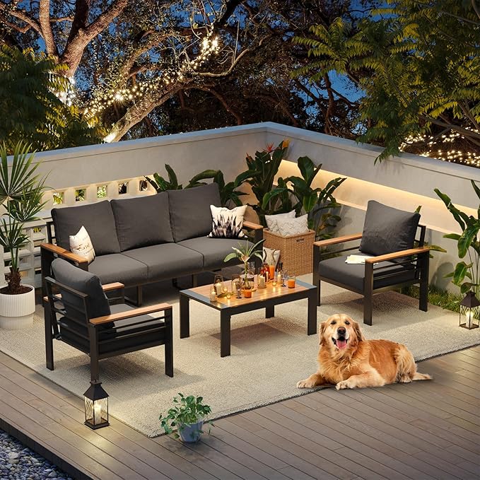 Aoxun Aluminum Patio Furniture Set 5 Seats, Oversized Outdoor Sectional with Washable Thick Cushions, Coffee Table, Patio Conversation Sets for Porch, Balcony, Deck Aoxun